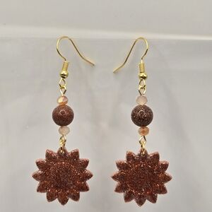 #B356- Brown Sunflower Drop Earrings- Glass Beads